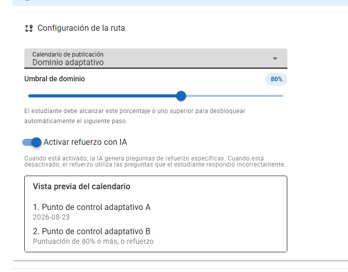 Configuración de dominio adaptativo de Gamena con un umbral del 80% y el refuerzo con IA activado