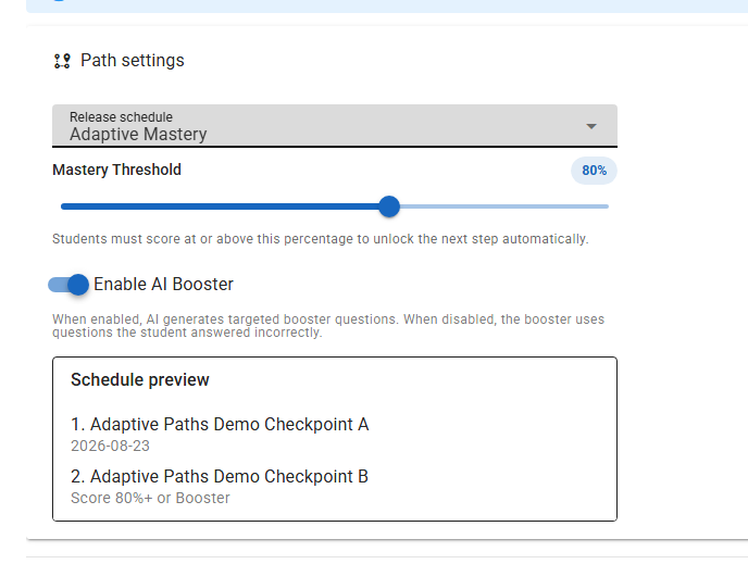 Gamena Adaptive Mastery settings with mastery threshold and AI booster option