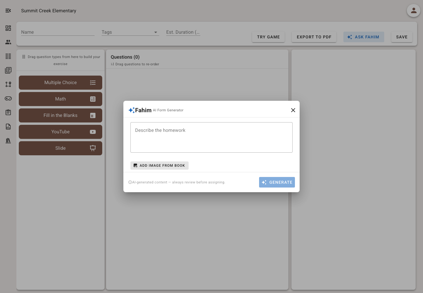 Fahim AI exercise generator in the Gamena builder with a prompt field and textbook-image option