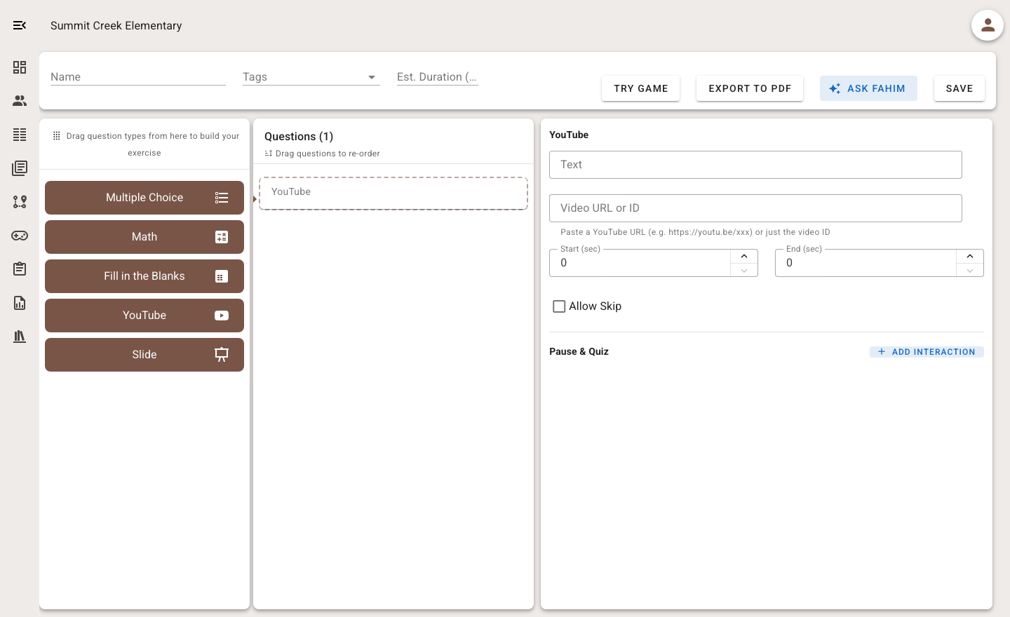 Gamena YouTube question editor with video timing, skip control, and Pause and Quiz interaction button